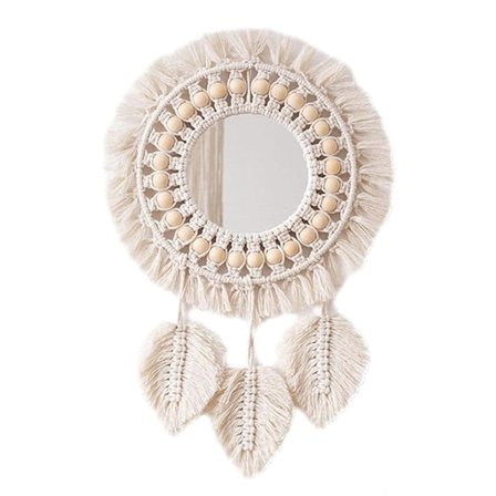 Utsökt bohemisk folklig heminredning, vintage design macrame cirkelspegel, perfekt present för miljövänliga dekorationsentusiaster, handvävd i rustik 
