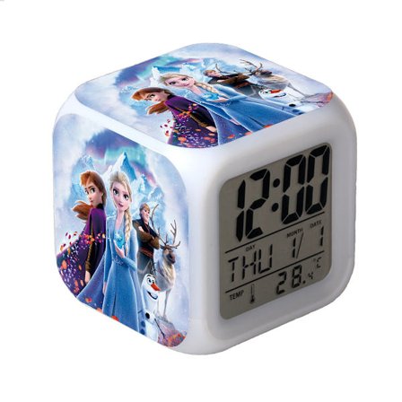 Frossen farverig glødende LED-vækkeur Anime tegneserie Børn firkantet ur Digitalt vækkeur med tid, temperatur, alarm, dato