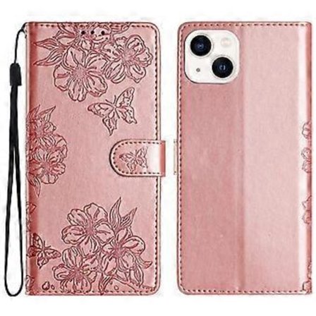 Kompatibel med iPhone 14 Deksel Sakura Sommerfugl Trykk Full Beskyttelse Lær Stativ Telefon Deksel (Rosa Gull)