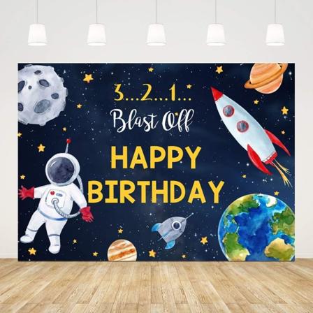 Ticuenicoa til månen Gratulerer med dagen Bakgrunn for gutt Ytre rom Rakett Astronaut Tema Bakgrunn Nattehimmel Gull Henge Stjerner Planet Galakse 