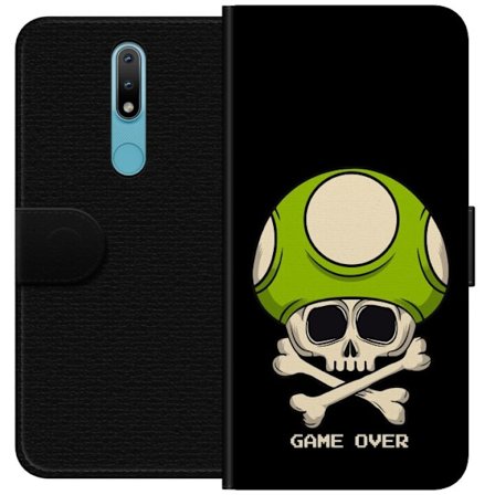 Yhteensopiva Lompakkokotelo Nokia Nokia 2.4 Pelimotiivi, jossa on kuolonsyöjä ja vihreä sieni retro pelityylillä ja tekstillä game over