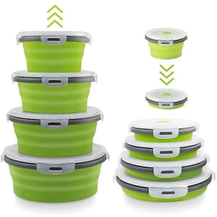 Sammenleggbare boller for camping, sett med 4 silikonmatbeholdere med lokk, RV-oppbevaring og organisering, RV-kjøkkentilbehør, BPA-fri, mikrobølgeovn