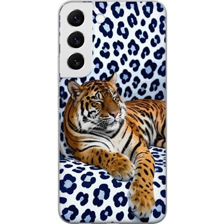 Kompatibelt Mobilskal till Samsung Samsung Galaxy S22 5G Tiger Chill mönster med avslappnad tiger som vilar mot vitblå mönstrad bakgrund i modern s