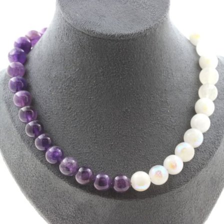 Stenar och mineraler. Ametist pärlhalsband 10 mm + Månsten 10 mm. Stålkedja Halsband för kvinnor, män. Personlig storlek
