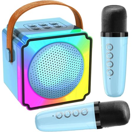 Barne-Karaoke Maskiner med 2 Mikrofoner, Bærbar Bluetooth-Høyttaler med Fargerike LED-Lys, Stemmeendring, Mini Karaoke-Maskin for Bursdagsgaver