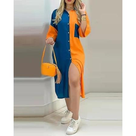 Plus Size Dam Print Skjorta Klänning Casual Pocket Button Långärmad Randig Klänning Lös Vår Sommar Split Damkläder A
