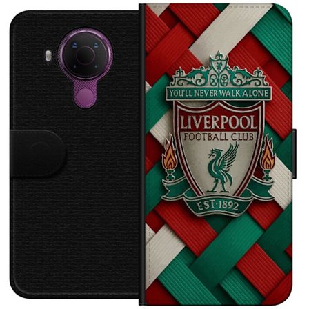 Yhteensopiva Lompakkokotelo Nokia Nokia 5.4 Liverpool Football Clubin tunnus, jossa You'll Never Walk Alone voimakkaassa graafisessa suunnittelussa in