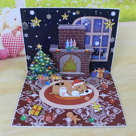 Julehilsen musik lysprojektion gammel mand pejs 3D stereo lykønskningskort papirskulptur vestligt nytårskort