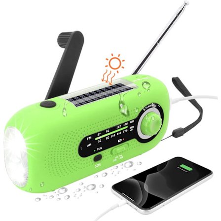 Solar Dynamo Radio, Solar Radio med SOS larm för nödsituationer, IPX3 vattentät radio, AM/FM vevradio, Ficklampa, 2000mAh batteri (grönt)