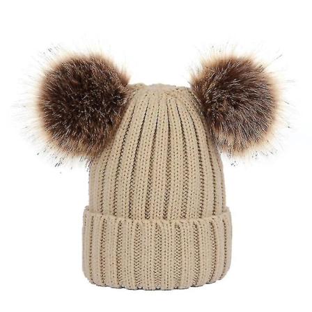Vinterstrikket Beanie Hat med Dobbelt Pom Pom Ører til Kvinder og Piger