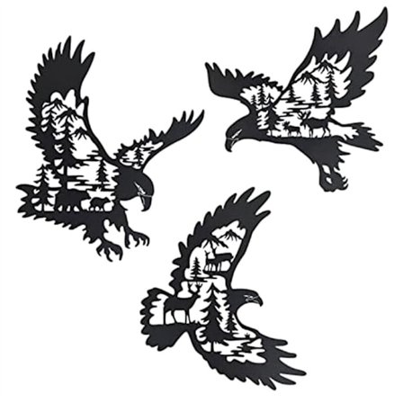 Sæt med 3 metalvægdekorationer med hvidt hoved med bjørn og hjortsilhuetmønster, skovhyttejagtdekoration