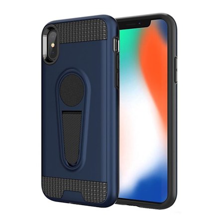 iPhone 9 Plus Hiilikuitu Harjattu Hybriidi Muovinen Takasuoja Kuori Jalkatuella - Tumman Sininen