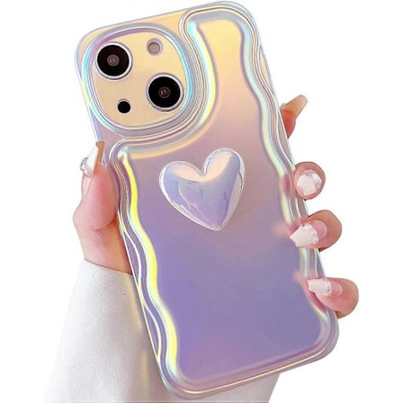 1. iPhone 15 Kuori 6,1 Tuumaa Söpö 3D Rakkaussydän Aaltomuotoinen Kehys Pehmeä Silikoni Glitter Laser Väri Glitter Puhelinkuori iPhone 15:lle Naisille