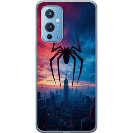 Kompatibelt Mobildeksel til OnePlus OnePlus 9 Stilisert edderkopp over bysilhuett i dramatisk solnedgang, grafisk fantasyillustrasjon med sterke farge
