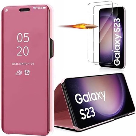 Fodral till Samsung Galaxy S23 med 2 härdade glasögon integrerat skydd Spegeleffekt Smart Fodral Rosa