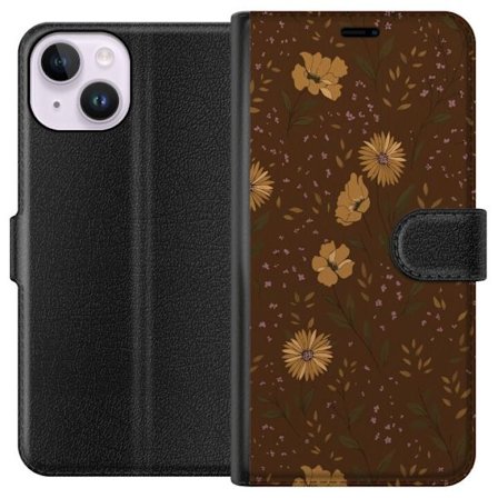 Kompatibelt Plånboksfodral till Apple Apple iPhone 15 Bruna blommor retro blommönster blommig design 70-tals vintagestil mönster bohemisk tapetinsp