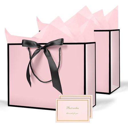 Set med 2 presentpåsar med handtag, presentpåsar i papper med rosettband, papperspåse med handtag, presentinslagning till jul