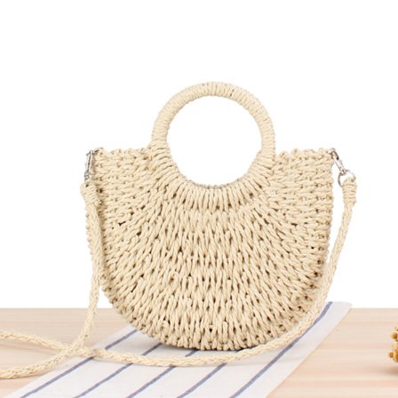 Beige Dame Sommer Strand Græs Taske Lille Crossbody Top Håndtag