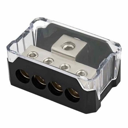 Virranjakotukki autojen audiojärjestelmiin, 4-suuntainen virranjako tehokkaalla kupariytimellä, ruuvattavat johdinpuristimet ja syvät johdinurat