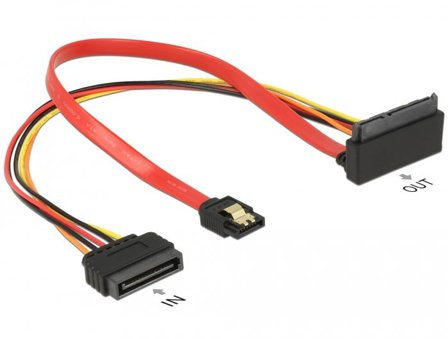 Delock Cable SATA 6 Gb/s 7 pin receptacle + SATA 15 pin power plug > SATA 22 pin receptacle upwards angled metal 30 cm
