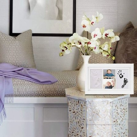 Baby håndaftryk og fodaftryk, baby træbilledramme med gipsafstøbning til