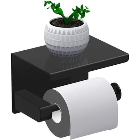 (Svart) Toalettpapirholder, Rullpapirholder uten boring, Toalettpapirdispenser med hylle, Selvklebende