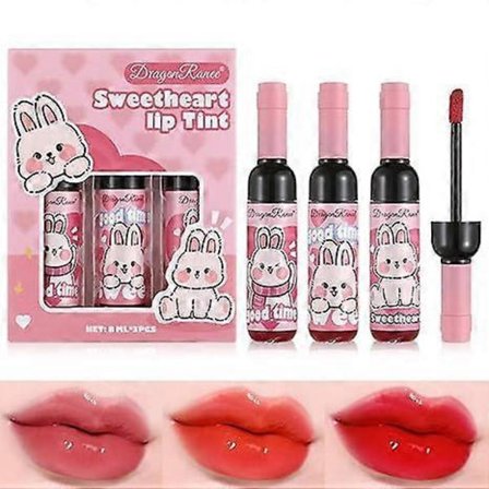 Leppefarge-sett i vinflaskeform, langvarig leppefarge i 3 farger, flekksikker flytende leppestift for bruk hele dagen, søt rosa innpakning, ideell 