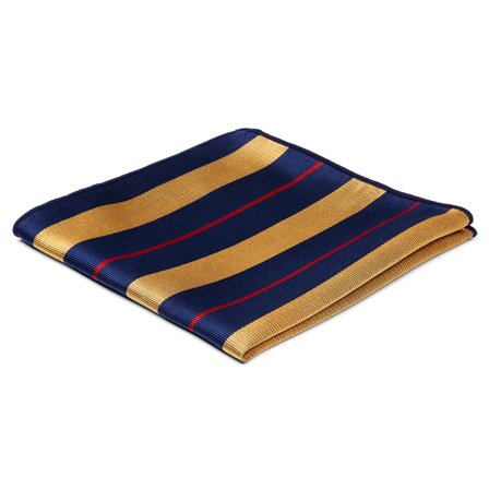 Ciemnogranatowa poszetka jedwabna w złoto-czerwone paski dla mężczyzn - Wzorzyste poszetki