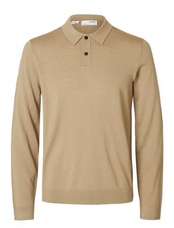 Slhtray Ls Knit Merino Polo Noos Tops Knitwear Long Sleeve Knitted Polos Beige Selected Homme