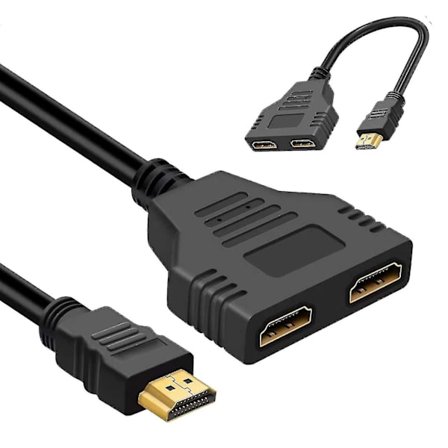 Splitter for doble skjermer, svart HDMI-dobbeladapter, HDMI-splitter 1 inn 2 ut, ideell for HDMI HD, LED, LCD, TV, støtter to TV-er samtidig, S