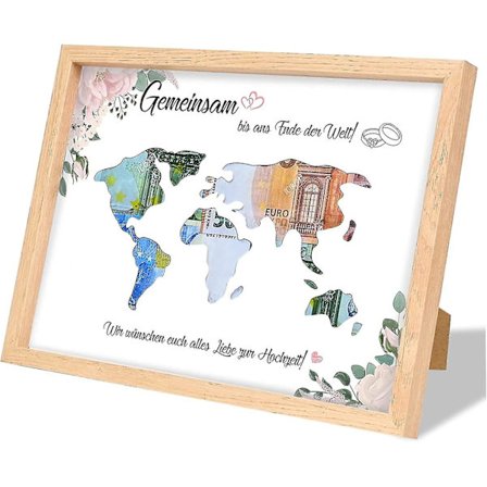 Pengegave Bryllup, Verdenskort Pengegave, Pengegave Emballage Ægte Træ Billederamme