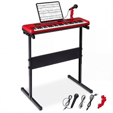 Klaver Piano til Børn 61 Taster COSTWAY-Justérbar Støtte-Mikrofon,Notestativ-Dobbelt Strøm-Højttalere-Rød