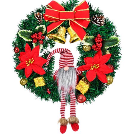 Julekrans til Fordøren, 40 cm/16 tommer Julekrans med Julenisse, Rød Sløjfe, 2 Klokker og 2 Blomster, Kunstige Julekranser til Væggen