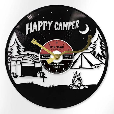 Happy Camper Vinyylilevyseinäkello | Retro retkeilyauto- ja telttamuotoilu | Hiljainen ja tikittämätön | 30cm | Ainutlaatuinen ulkoilu- ja 