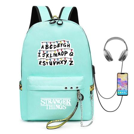 Stranger Things Rygsæk Usb Opladning Rygsæk Unisex Studerende Skole Taske(Grøn3)