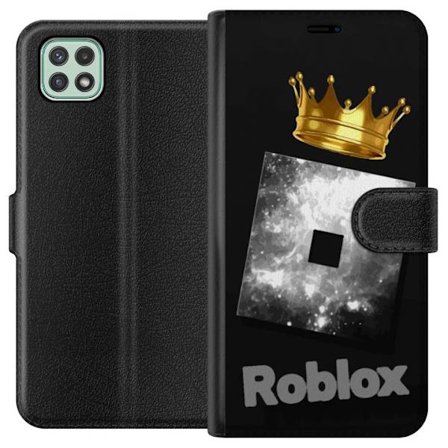 Kompatibel Tegnebogsetui til Samsung Samsung Galaxy A22 5G Minimalistisk sort og sølvfarvet Roblox-symbol med gylden krone og luksuriøs gamer-æstet