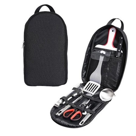 Camping Køkkenredskabssæt, 9 Dele Camping Køkkenredskabsorganisator Rejsesæt, Sort