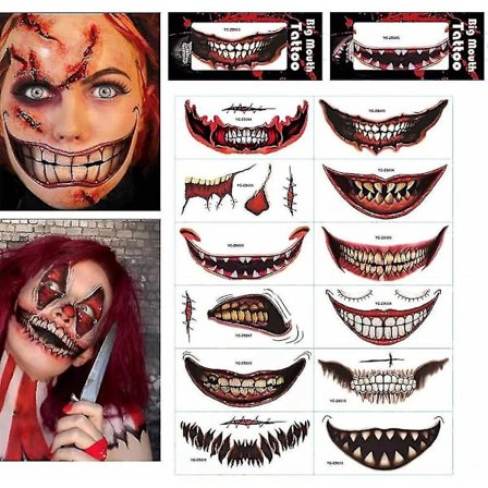 12 Pcs Halloween Graphic Tattoo Sticker Cosplay Joker Mouth Sticker