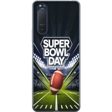 Kompatibel Mobilcover til Sony Xperia 5 II Super Bowl Day plakat med amerikansk fodbold på oplyst arena i dramatisk sportsdesign