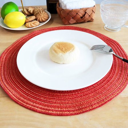 Röd, 38 cm halkfri och elegant för matlagning och bakning, skandinavisk stil rund isoleringsmatta för hemmets matbord, gourmetbakgrund, faux cotto