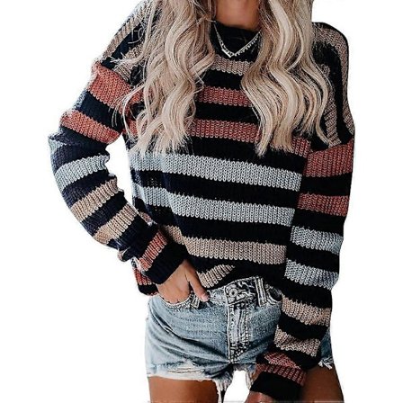 Naisten neulepusero raidallinen neulepusero rento collegepaita