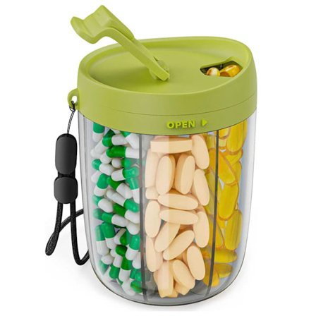 Grøn bærbar supplementæske/pilleorganisator, kan indeholde 6 typer medicin, bred munddesign for at forhindre blanding, let at få adgang til medicin.