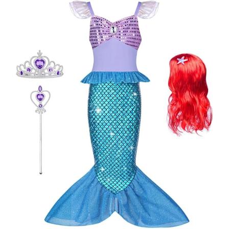 4 stk. Havfruekjole Sæt med Rød Paryk Krone og Tryllestav, Prinsesse Havfruekjoler til Piger Halloween Cosplay Børn Ferie 140cm