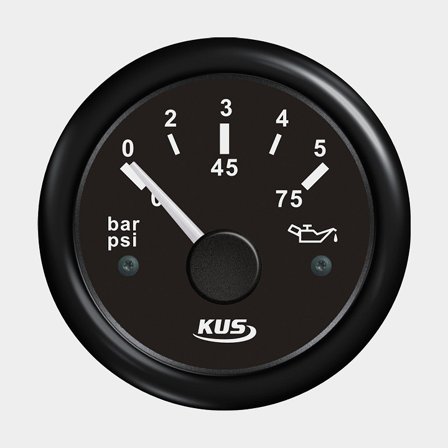 Manômetro de pressão de óleo KUS, antiembaçante, Ø52 mm, 12 V / 24 V, 10 - 184 Ω, preto, 0 - 5 bar / 0 - 75 psi