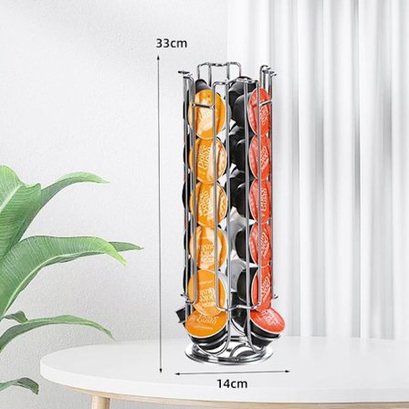 Silver Kaffekapselhållare med 24 Kapslar, Förvaringsställ för Te- och Kaffekapslar, Stor Metalldisplayhylla, Roterbar DockleGusto