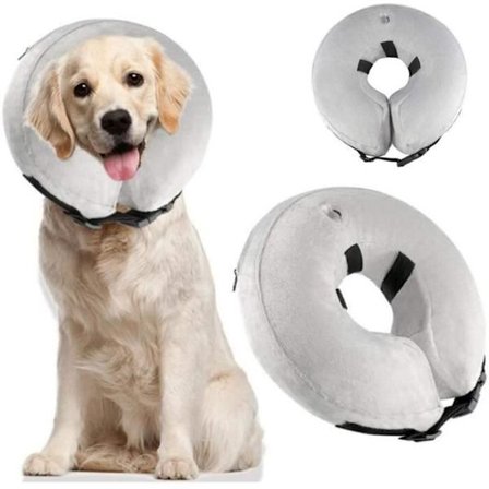 Oppustelig genoptræningskrave med spænde til hunde og katte, komfortabel justerbar beskyttelseskrave, L, grå