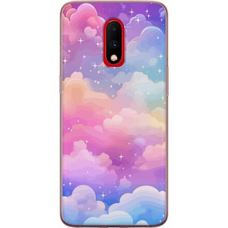 Kompatibelt Mobildeksel til OnePlus 7 Søt enhjørning med regnbuefarget hår mot en stjernebelagt pastellbakgrunn i kawaii-stil