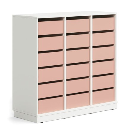 Student storage CASPER, 18 drawers, base frame, white/dark pink