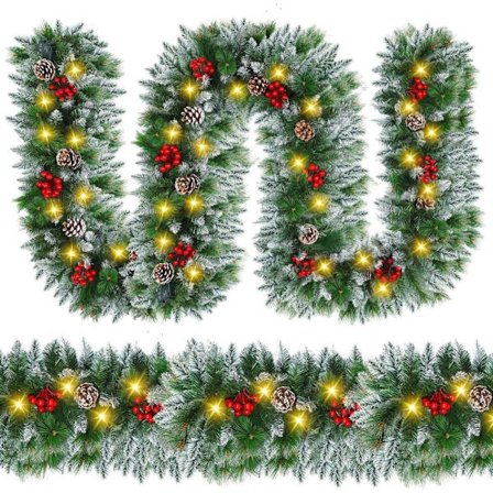 Christmas Garland with 50 LED Lights, 270cm Artificial Snow Flocked Fir Garland with Red Berries and Pine Cones - Battery Operated Decoration for 