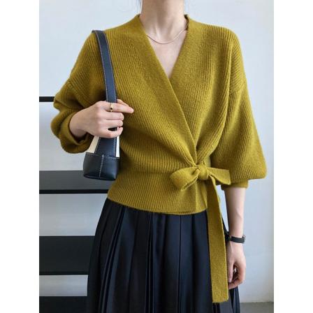 Damstickad Höst Vintertröja High Sense Cardigan V-ringad Långärmad topp med snörning Ginger yellow M